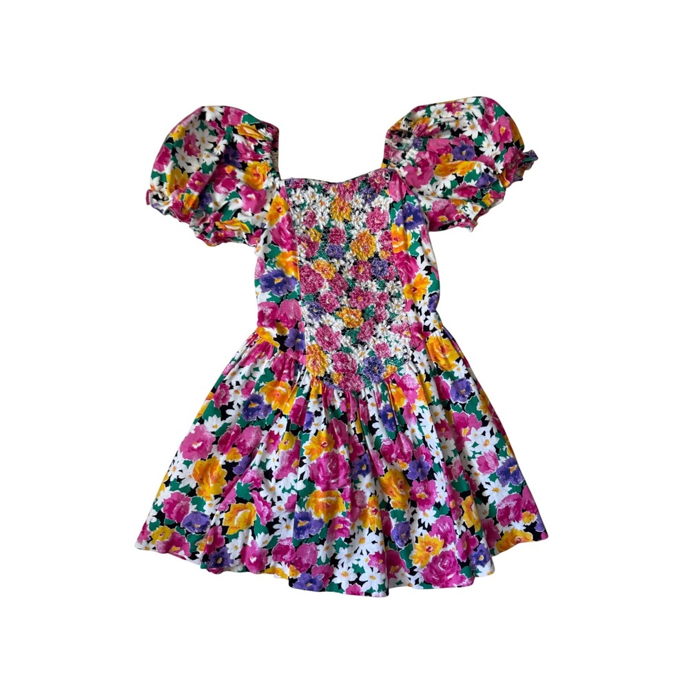 Vintage 80s/90s Amy Too! Retro little girls party smocked dress floral print